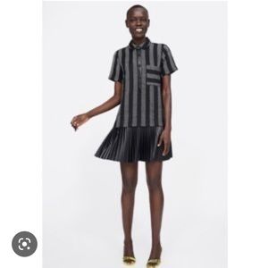 Zara Black and white woven pattern dress with vegan leather accents XS